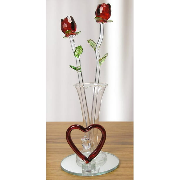 Forever Rose Collection with Heart Shaped Glass Charm and Designs Two Crystal Red Roses in Bud Vase BANBERRY DESIGNS Infinity Rose Valentines Mothers Day Birthday Christmas Flowers for Her 